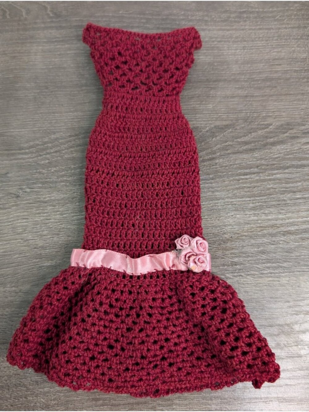 Handmade Crochet Barbie Burgundy Mermaid Gown – Off Shoulder Evening Dress – Dol